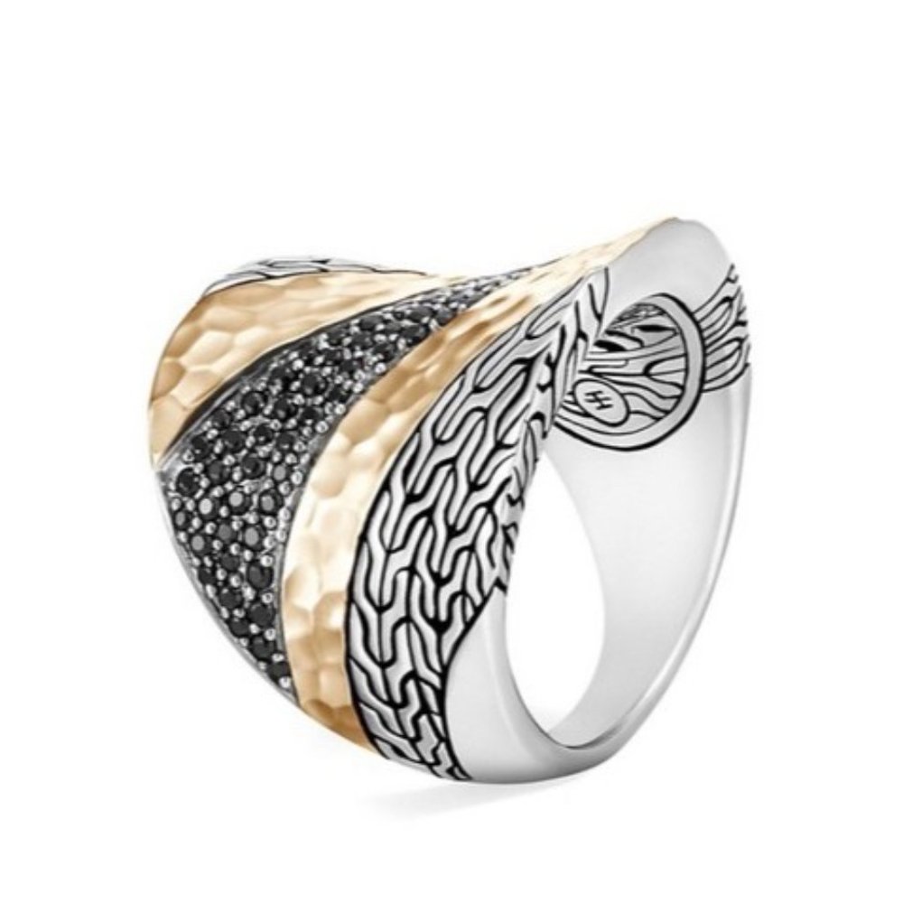 JOHN HARDY Hammered 18k Gold , Black Saphire and Spinel Saddle Ring
